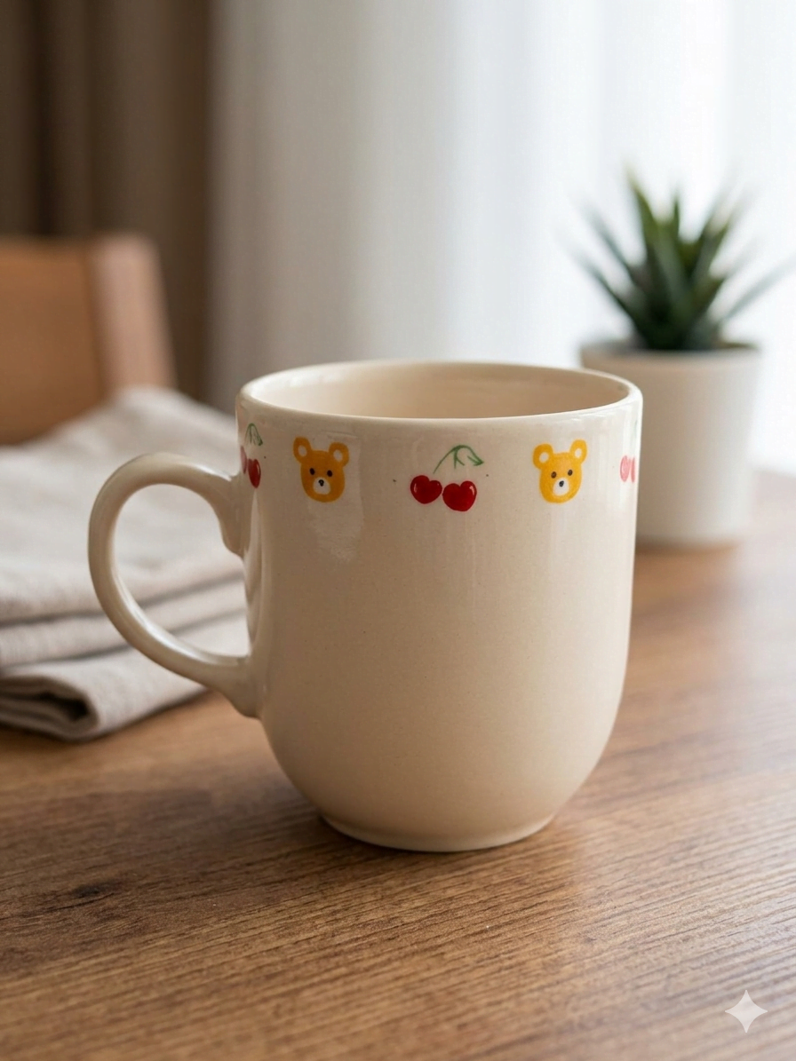 Kiraz Ayıcık Krem Juno Kupa -Hediyelik Kupa Fincan Mug