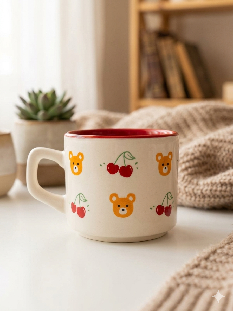 Kiraz Ayıcık Sarmal Tasarımlı Beyaz Venüs Kupa - Hediyelik Kupa Fincan Mug
