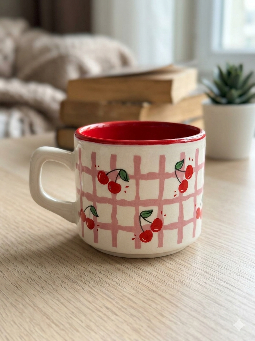 Kiraz Sarmal Tasarımlı Beyaz Venüs Kupa - Hediyelik Kupa Fincan Mug
