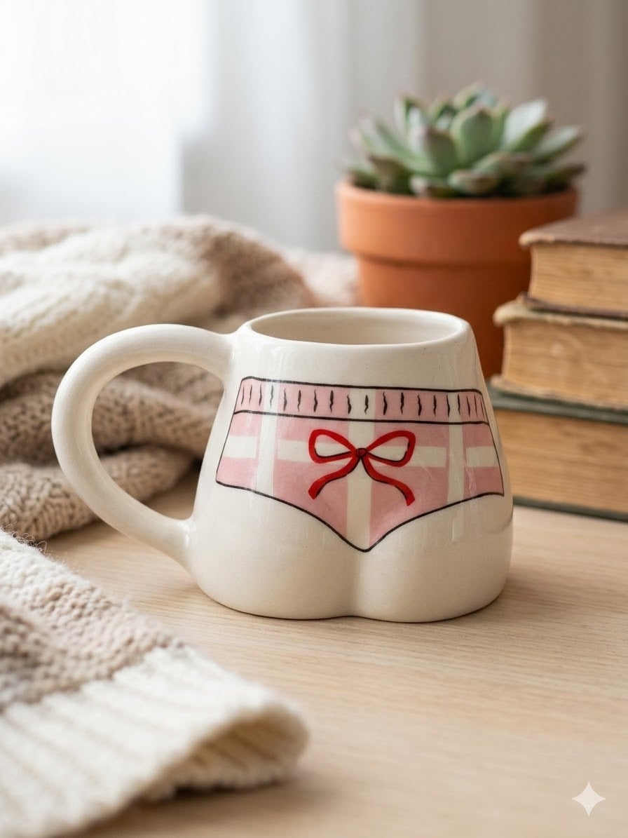 Kırmızı Kurdele Bikinili El Yapımı Beyaz Parlak Popo Kupa - El İşçiliği Hediyelik Kupa Bardak Mug