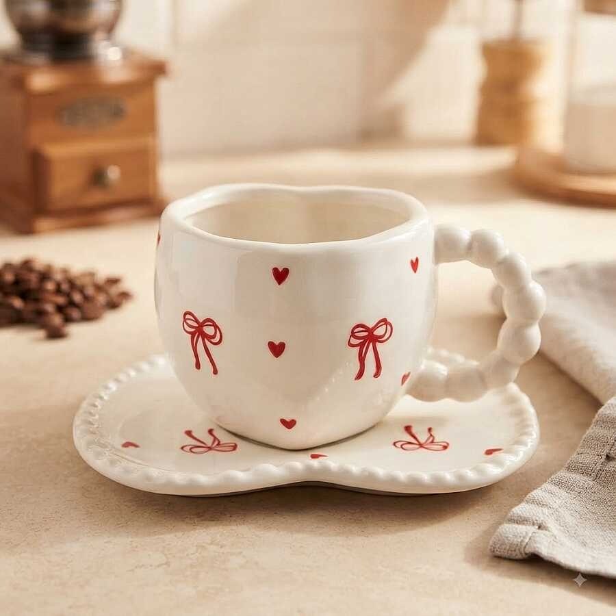 Kırmızı Kurdele Desenli Boncuk Kulplu Seramik Fincan ve Tabak Seti