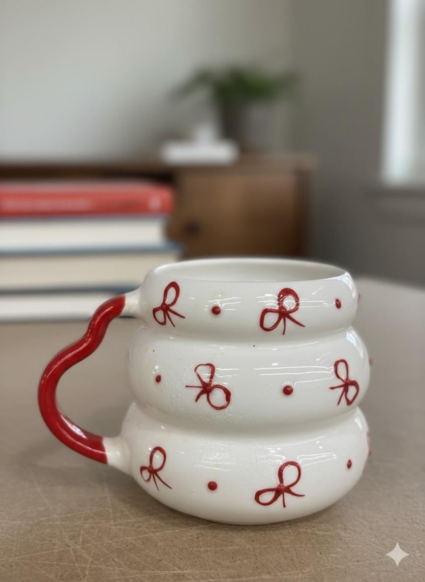 Kırmızı Kurdele El Boyama Kabartma Desen Krem Parlak Bubble Kupa - El İşçiliği Hediyelik Kupa