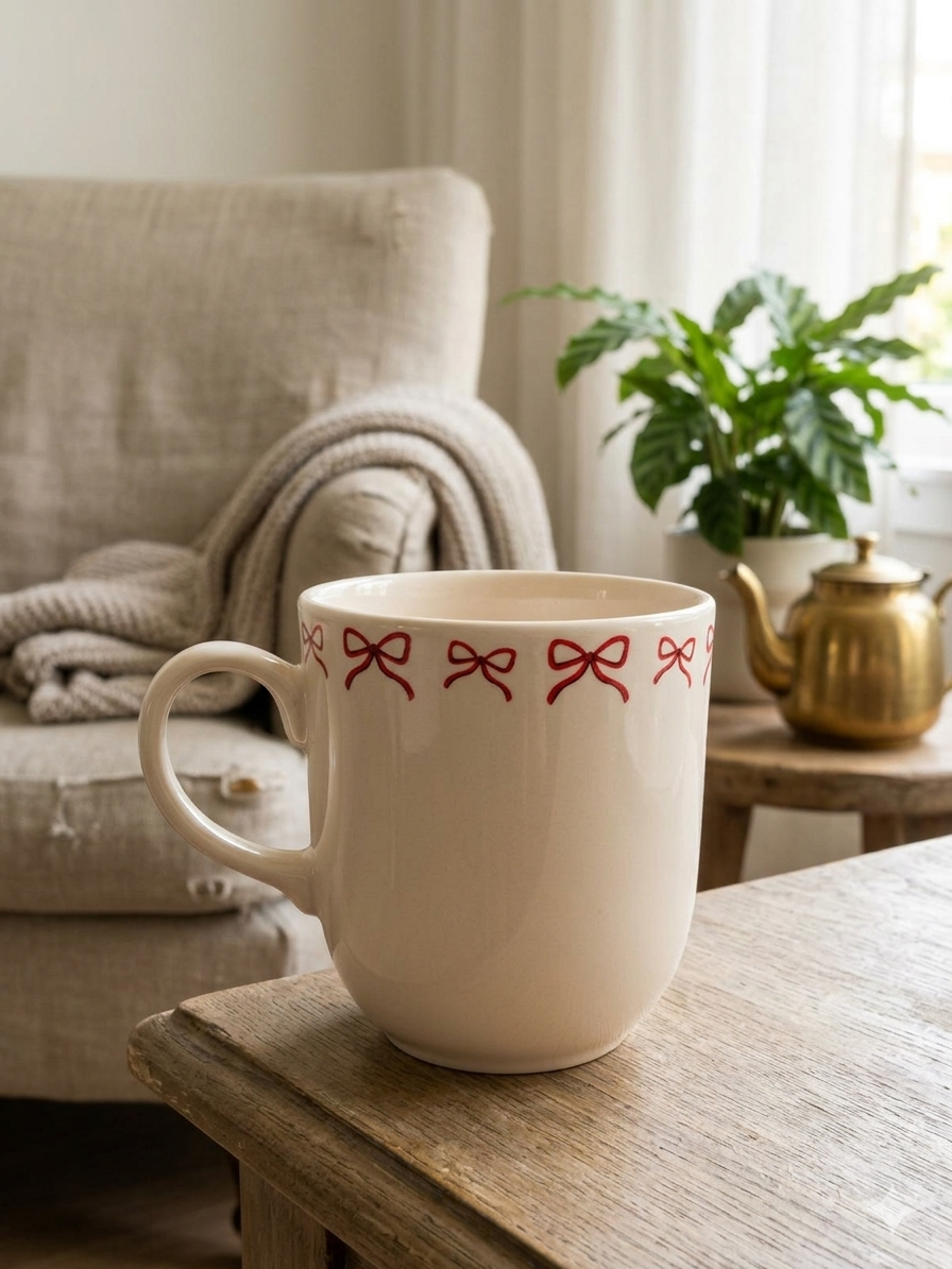 Kırmızı Kurdele Krem Juno Kupa -Hediyelik Kupa Fincan Mug