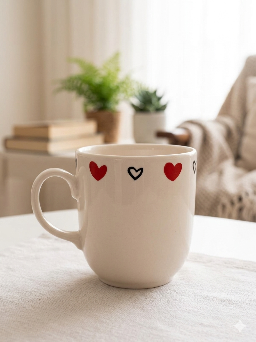 Kırmızı Siyah Kalpler Krem Juno Kupa -Hediyelik Kupa Fincan Mug