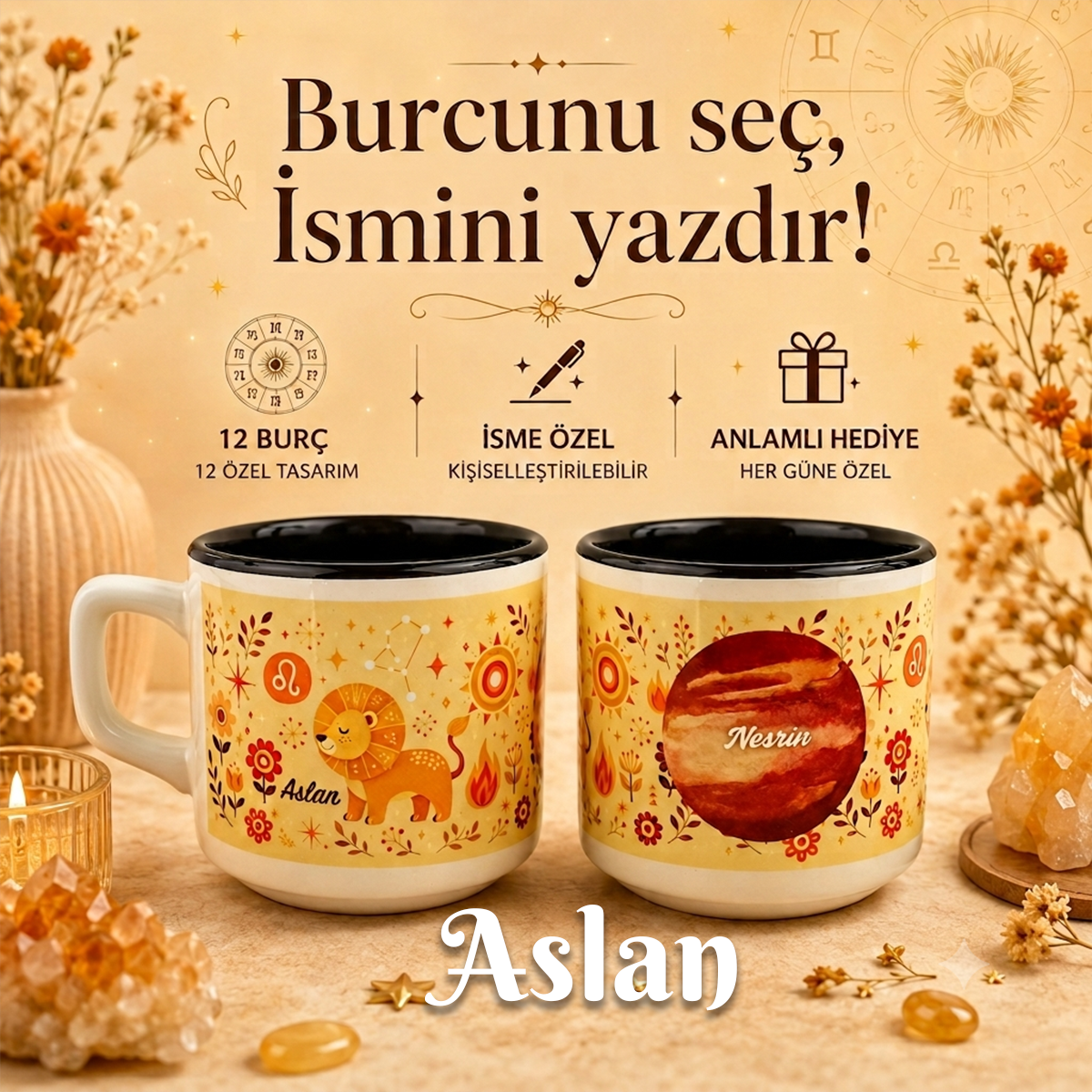 Kişiye Özel Aslan Burcu Tasarımlı Beyaz Burc Kupa - Hediyelik Kupa Fincan Mug