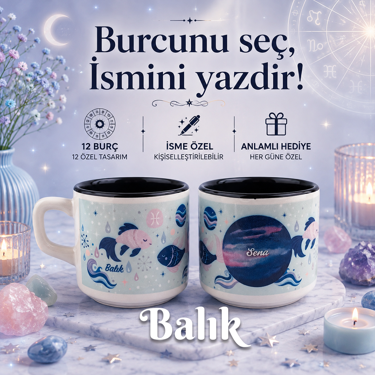Kişiye Özel Balık Burcu Tasarımlı Beyaz Burc Kupa - Hediyelik Kupa Fincan Mug