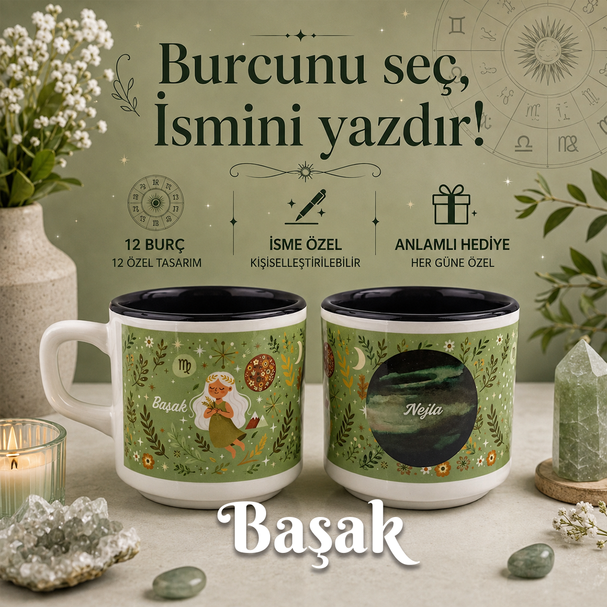 Kişiye Özel Başak Burcu Tasarımlı Beyaz Burc Kupa - Hediyelik Kupa Fincan Mug
