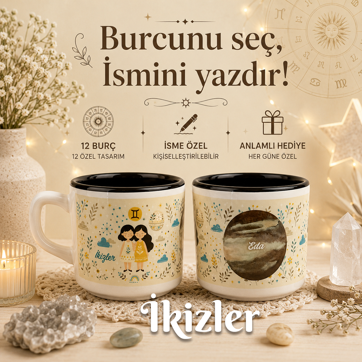 Kişiye Özel İkizler Burcu Tasarımlı Beyaz Burc Kupa - Hediyelik Kupa Fincan Mug