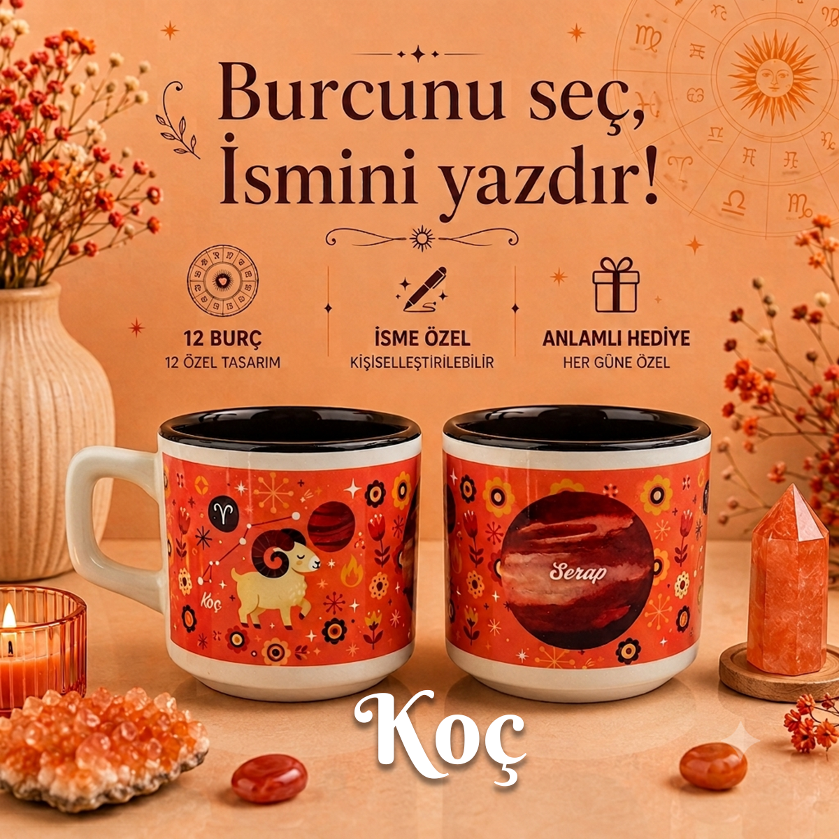 Kişiye Özel Koç Burcu Tasarımlı Beyaz Burc Kupa - Hediyelik Kupa Fincan Mug