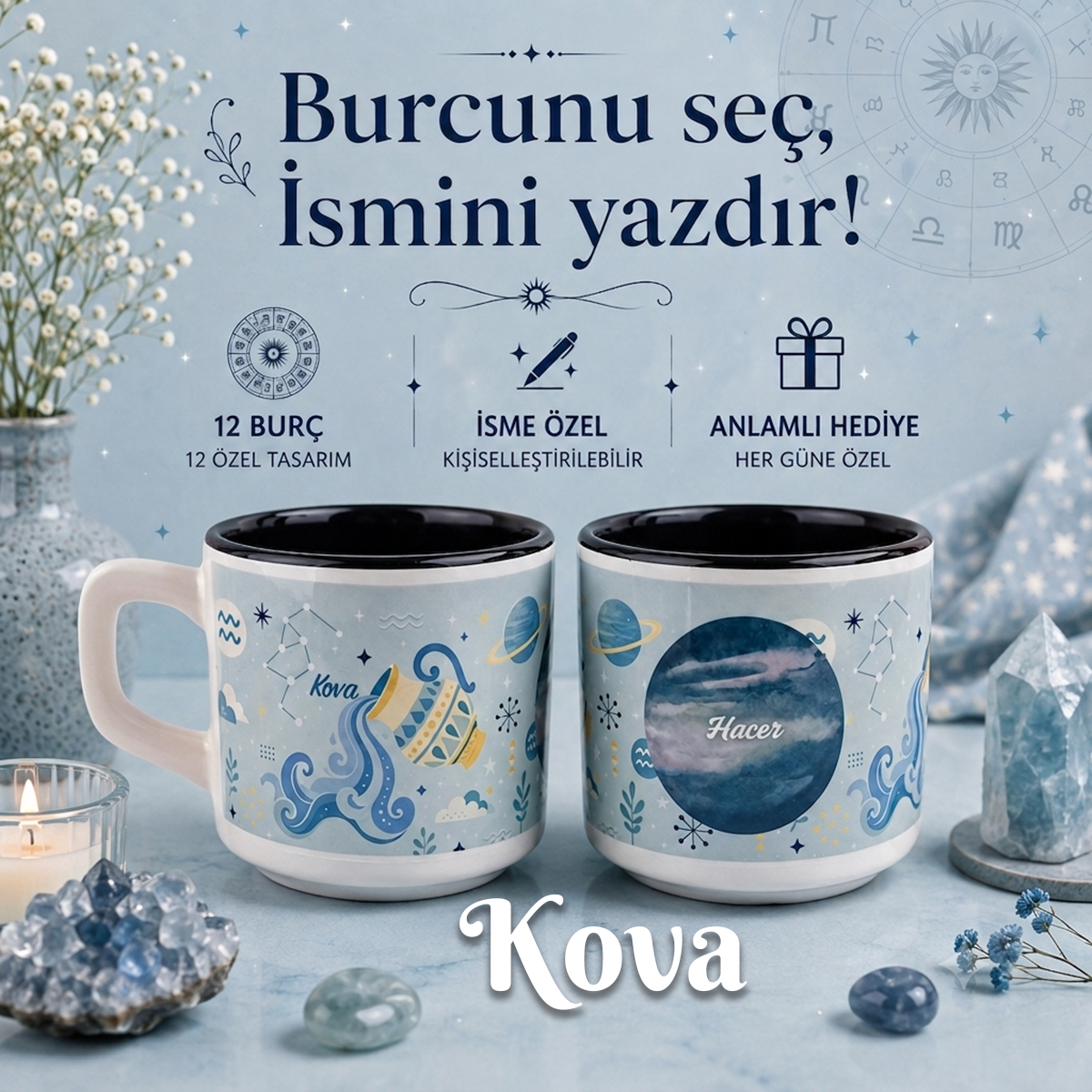 Kişiye Özel Kova Burcu Tasarımlı Beyaz Burc Kupa - Hediyelik Kupa Fincan Mug