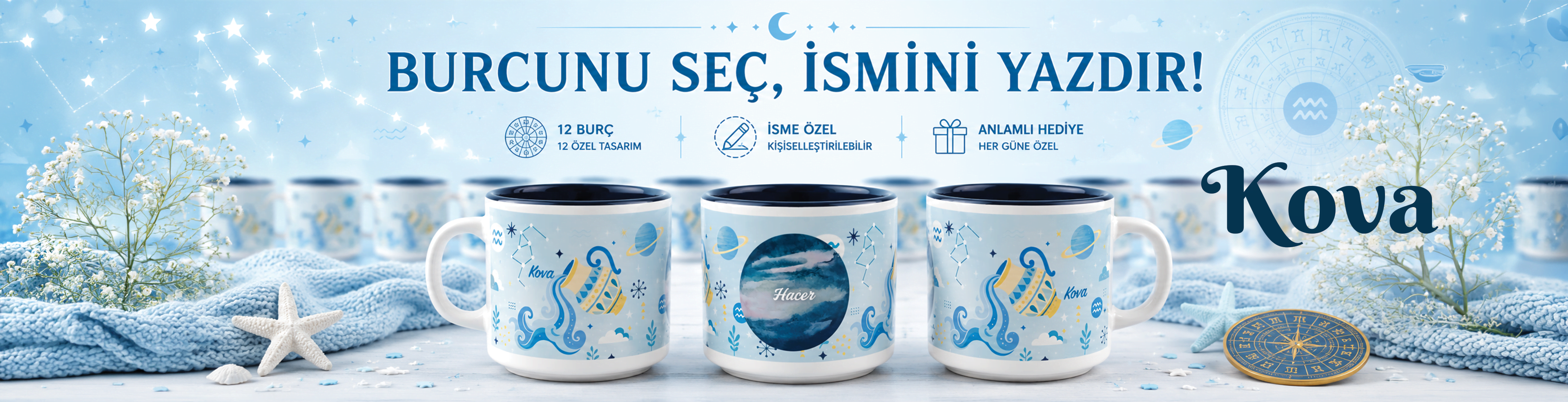 Kişiye Özel Kova Burcu Tasarımlı Beyaz Burc Kupa - Hediyelik Kupa Fincan Mug