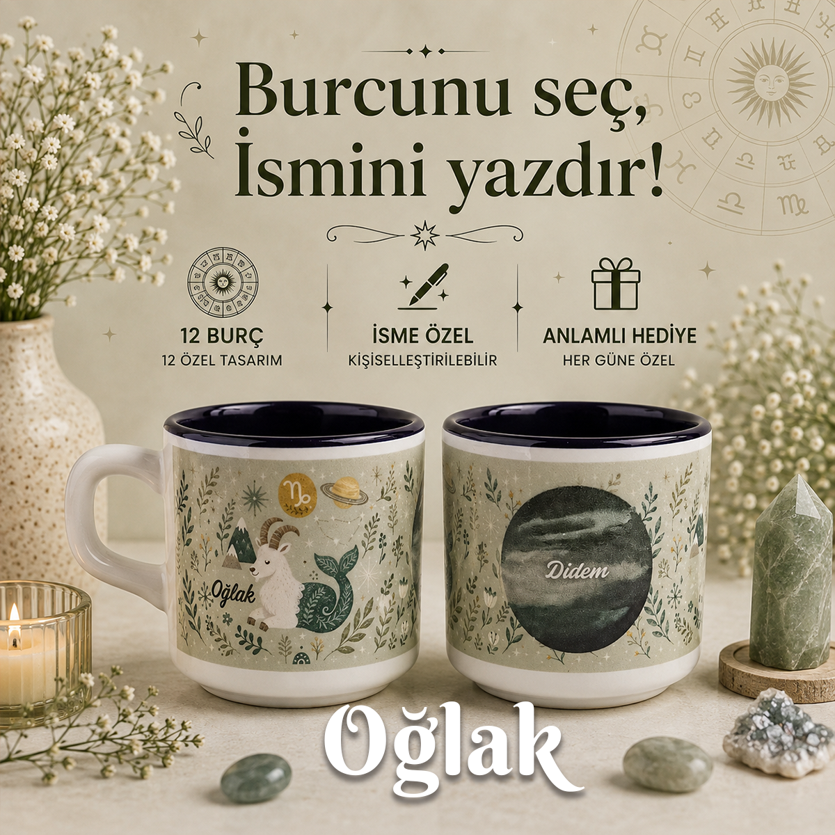 Kişiye Özel Oğlak Burcu Tasarımlı Beyaz Burc Kupa - Hediyelik Kupa Fincan Mug