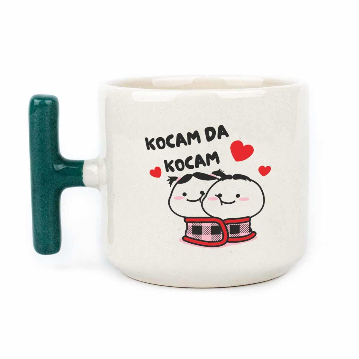 Kocam Da Kocam El Yapımı Krem Parlak Kupa (Yeşil Kulp) - Hediye Seramik Kupa