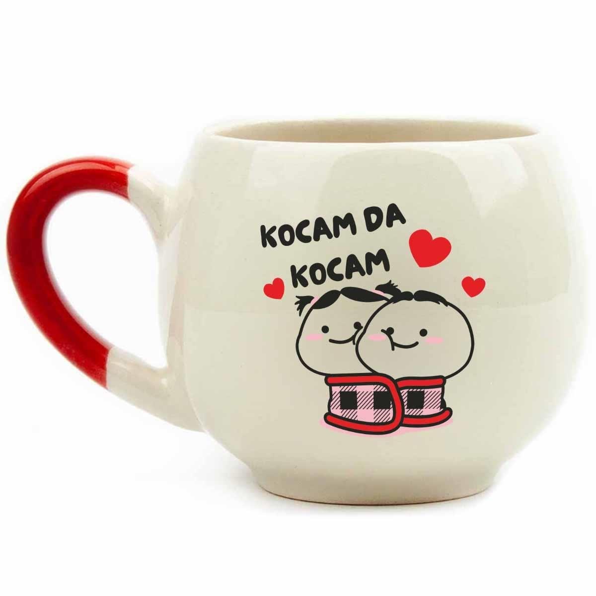 Kocam Da Kocam Krem Parlak Balon Kupa (Kırmızı Kulp) - Hediye Seramik Kupa