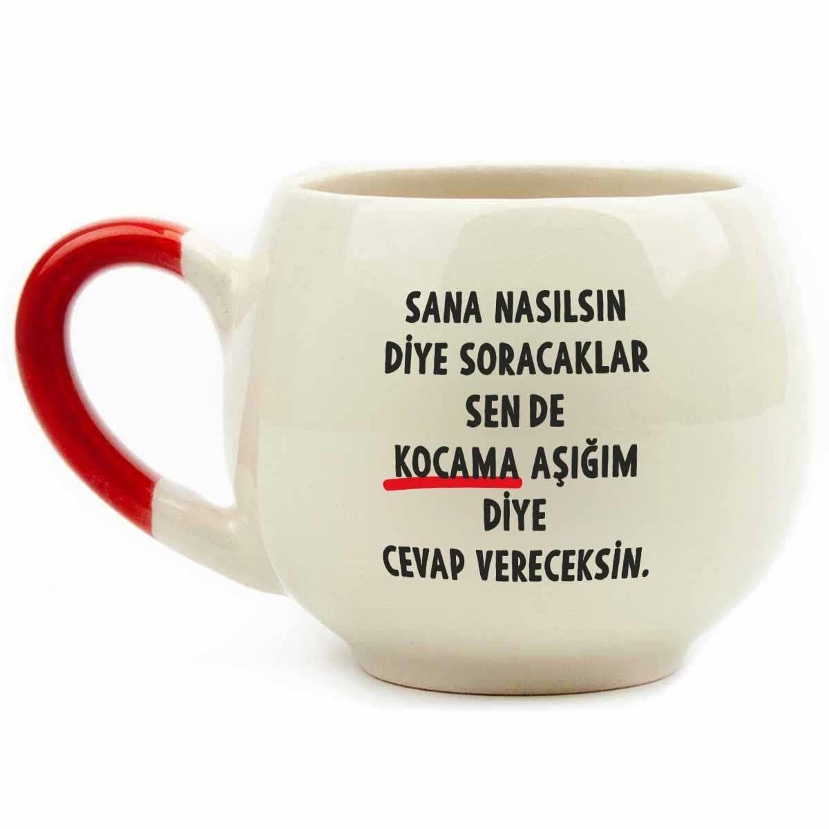 Kocama Aşığım Diye Cevap Vereceksin Krem Parlak Balon Kupa (Kırmızı Kulp) - Hediye Seramik Kupa