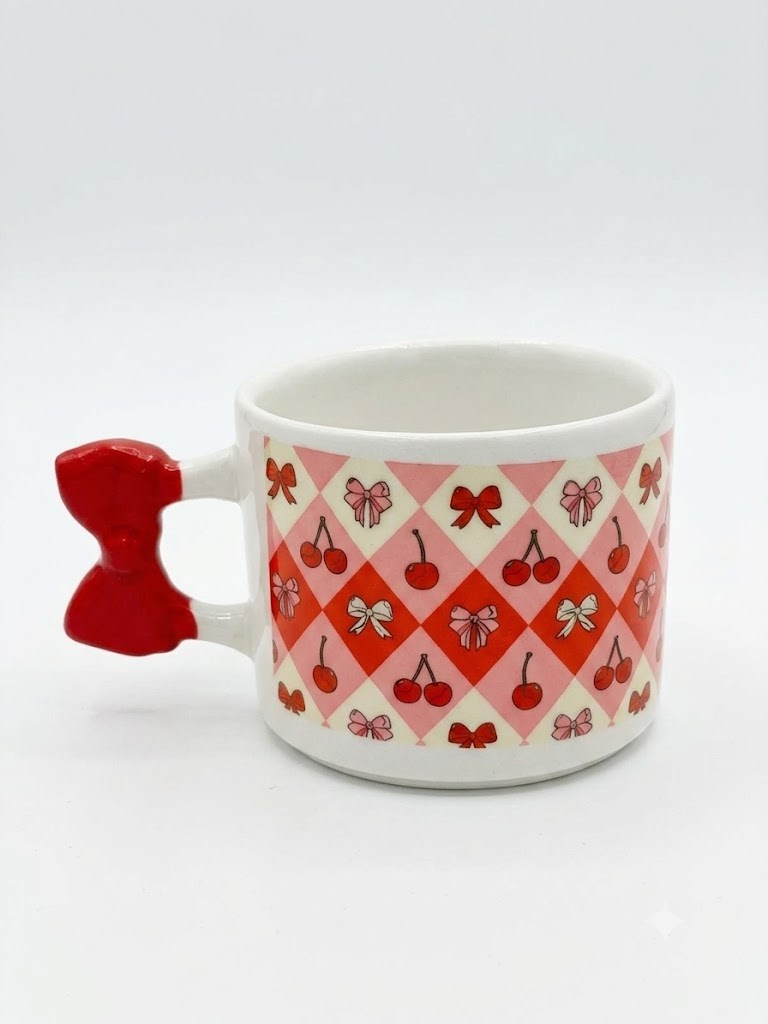 Kurdele Kiraz Sarmal Tasarımlı El Yapımı Krem Parlak Kurdele Kulp Kupa - El İşçiliği Hediyelik Kupa Bardak Mug