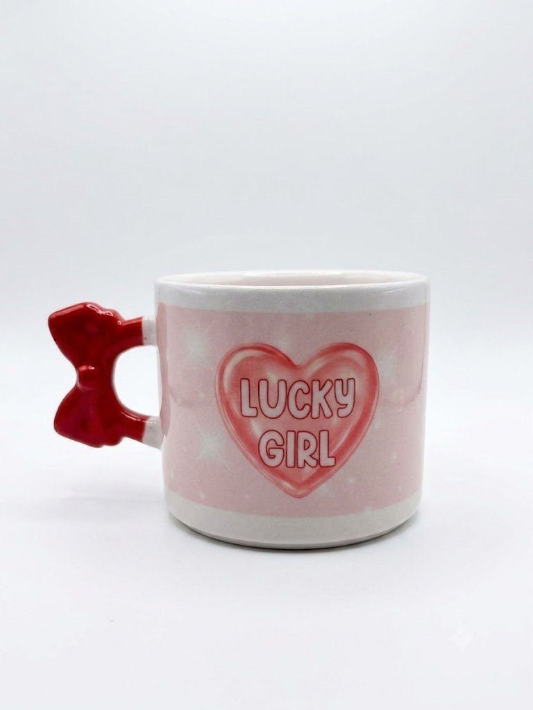 Lucky Gırl Sarmal Tasarımlı El Yapımı Krem Parlak Kurdele Kulp Kupa - El İşçiliği Hediyelik Kupa Bardak Mug