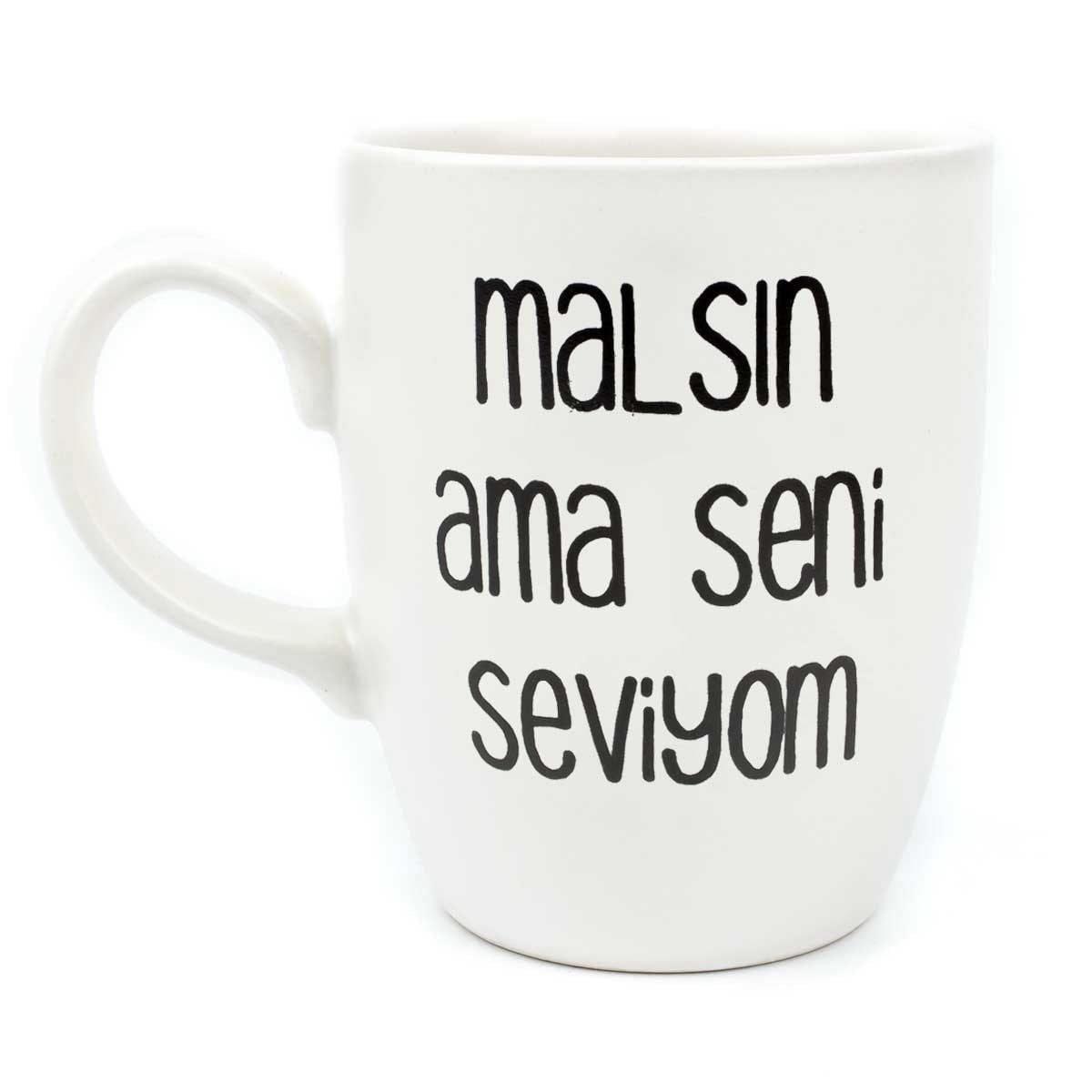 Malsın Ama Seni Seviyom Krem Oval Kupa - Hediye Seramik Kupa