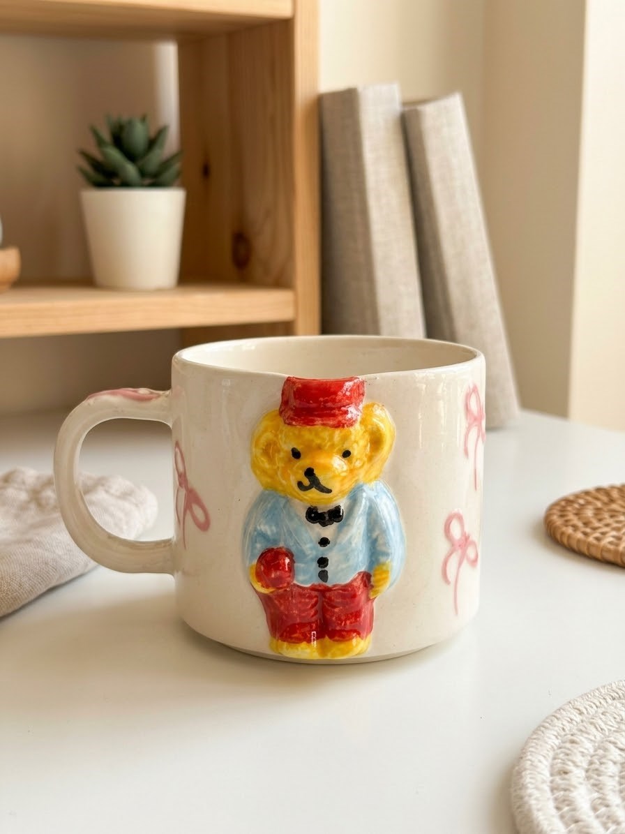 Mavi Ayıcık Kupa 3D Kabartmalı El Yapımı Krem Parlak Kupa - El İşçiliği 3D Hediyelik Kupa