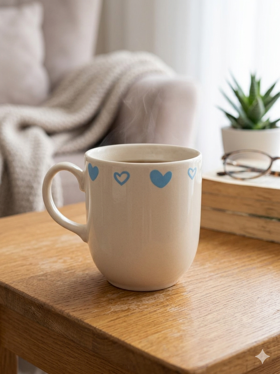 Mavi Kalpler Krem Juno Kupa -Hediyelik Kupa Fincan Mug