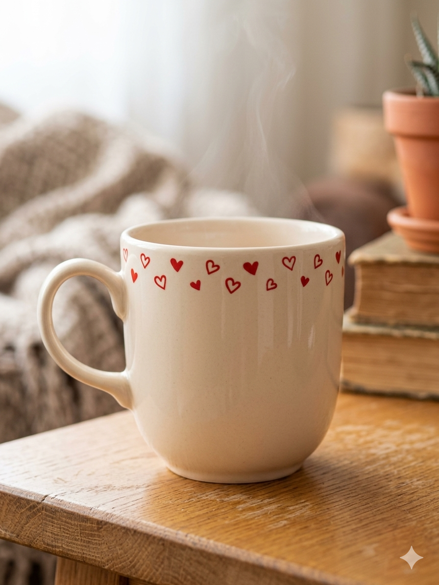 Minik Kırmızı Kalpler Krem Juno Kupa -Hediyelik Kupa Fincan Mug