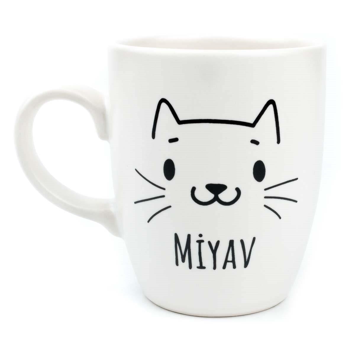 Miyav Krem Oval Kupa - Hediye Seramik Kupa