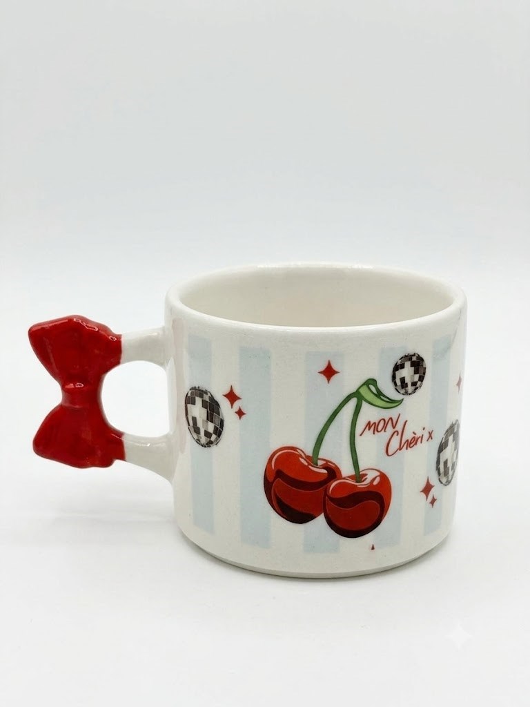 Mon Cherix Sarmal Tasarımlı El Yapımı Krem Parlak Kurdele Kulp Kupa - El İşçiliği Hediyelik Kupa Bardak Mug