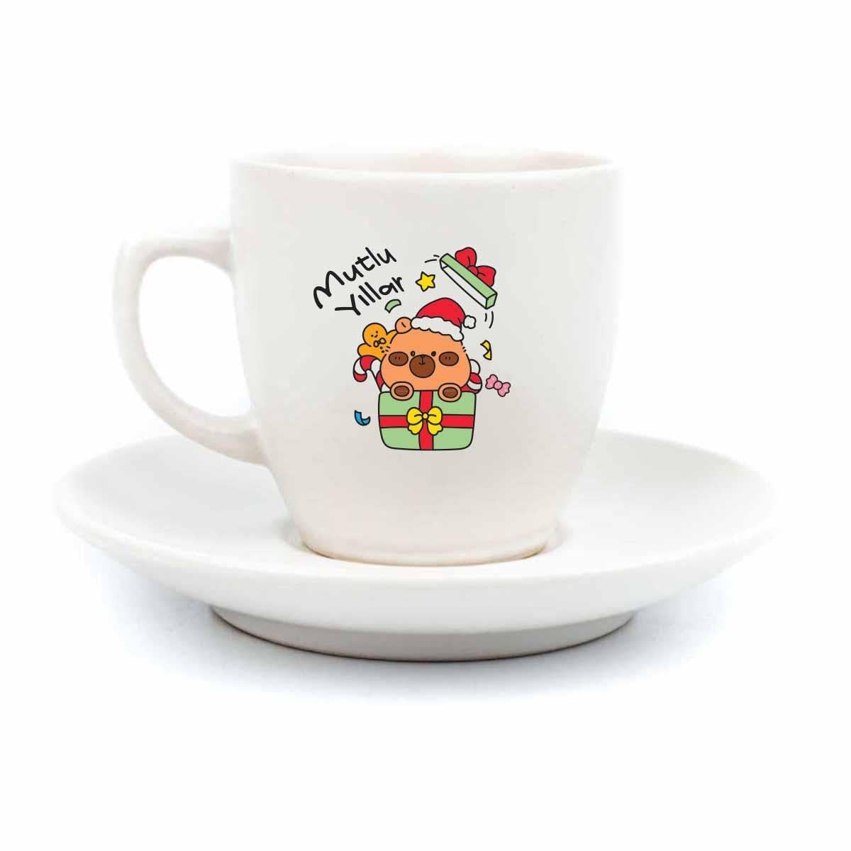 Mutlu Yıllar Minik Ayıcık Krem Türk Kahvesi Fincanı-Yılbaşı Temalı Kahve Fincanı
