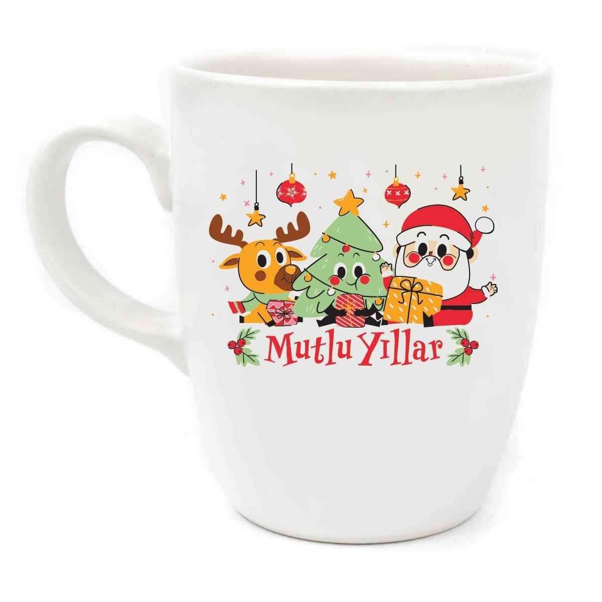 Mutlu Yıllar Noel Baba Doodle Krem Oval Kupa No:19-Yılbaşı Temalı Kupa