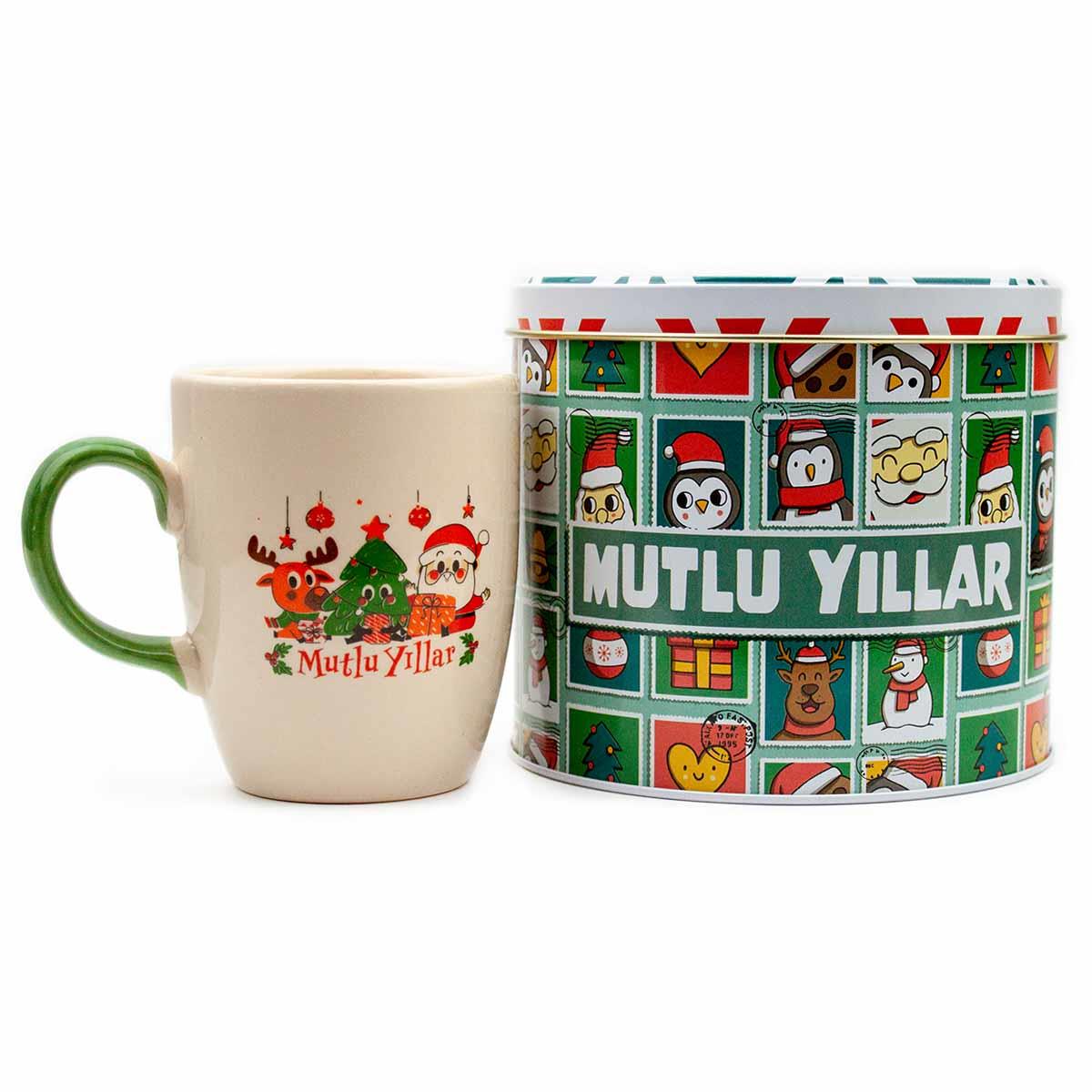 Mutlu Yıllar Noel Baba Doodle Renkli Kulp Krem Parlak Oval Kupa-Yılbaşı Temalı Kutulu Kupa Seti