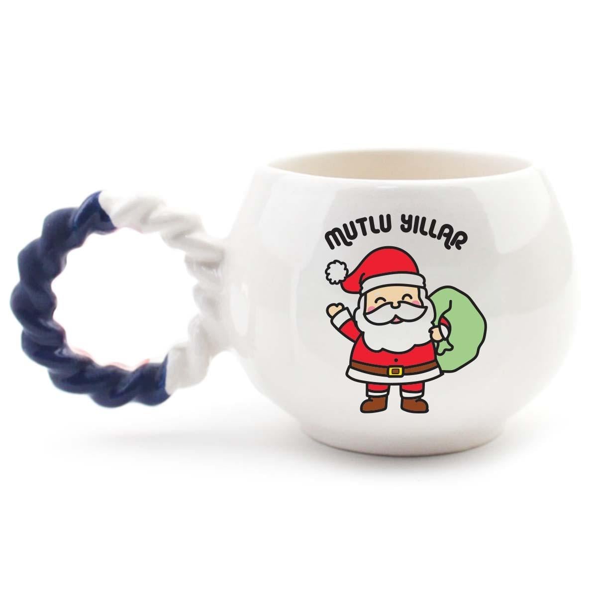 Mutlu Yıllar Noel Baba El Yapımı Krem Parlak Baloncuk Fincan - Hediyelik Seramik Fincan