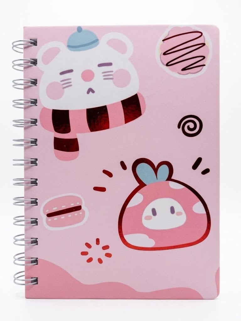 Pembe Ayıcık ve Çilek Desenli Spiralli Çizgili Defter-Çizgili Yapraklı Not Defteri