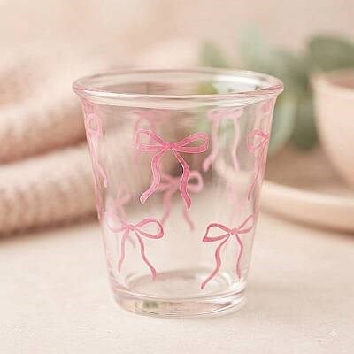 Pembe Fiyonk Desenli Cam Bardak - Hediyelik Figürlü Cam Bardak 