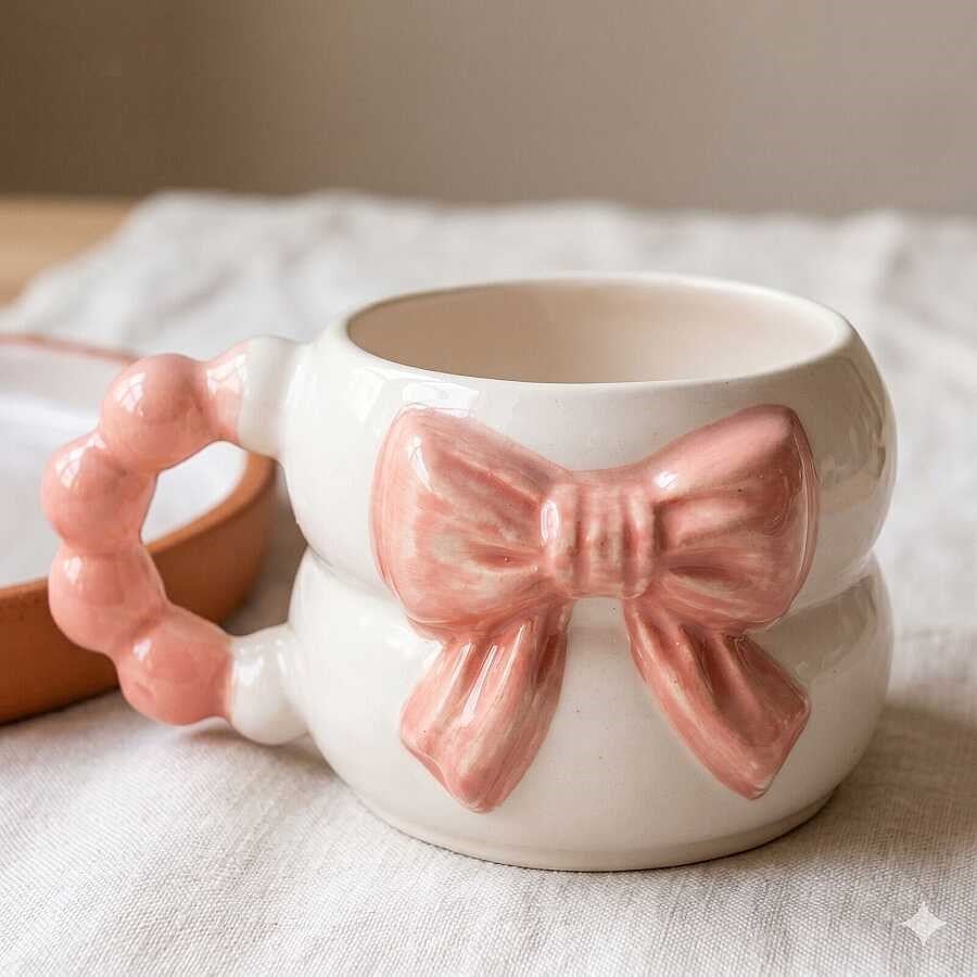 Pembe Fiyonk Kupa 3D Kabartmalı El Yapımı Krem Parlak- El İşçiliği 3D Hediyelik