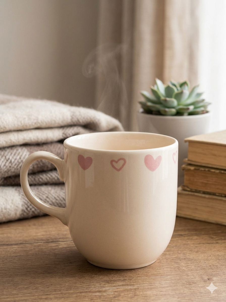 Pembe Kalpler Krem Juno Kupa -Hediyelik Kupa Fincan Mug