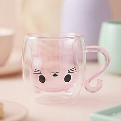 Pembe Kedi Tasarımlı Çift Cidarlı Cam Bardak - Hediyelik Figürlü Cam Bardak 