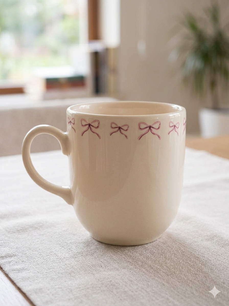 Pembe Kurdele Krem Juno Kupa -Hediyelik Kupa Fincan Mug
