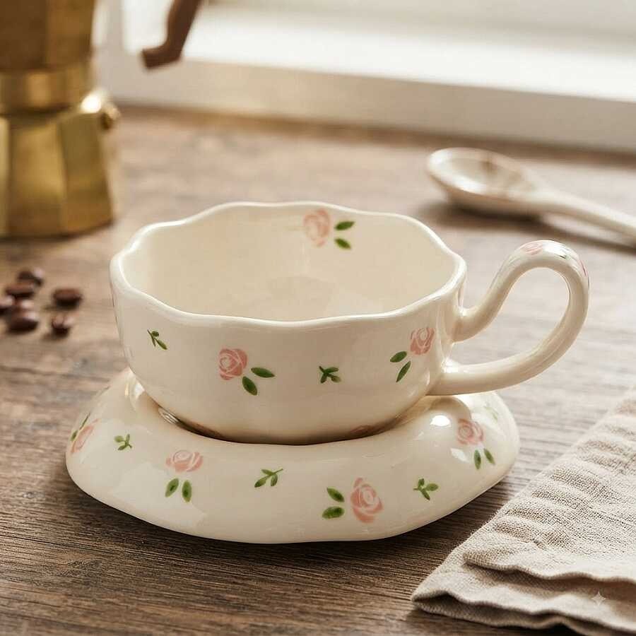 Pembe Minik Çiçek Desenli Tombul Seramik Fincan ve Tabak Seti