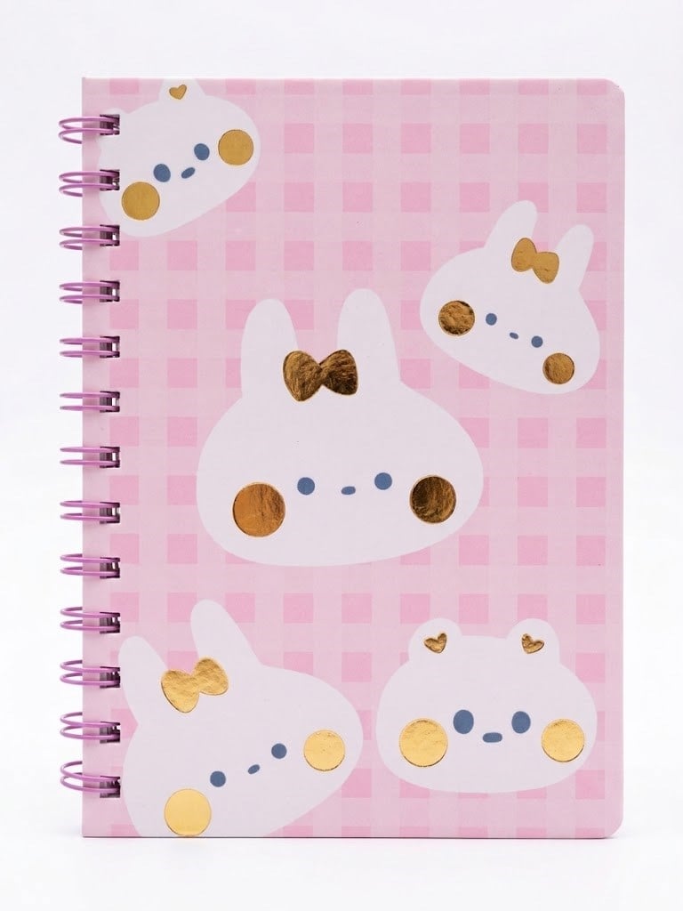 Pembe Tavşan Desenli Spiralli Çizgili Defter-Çizgili Yapraklı Not Defteri