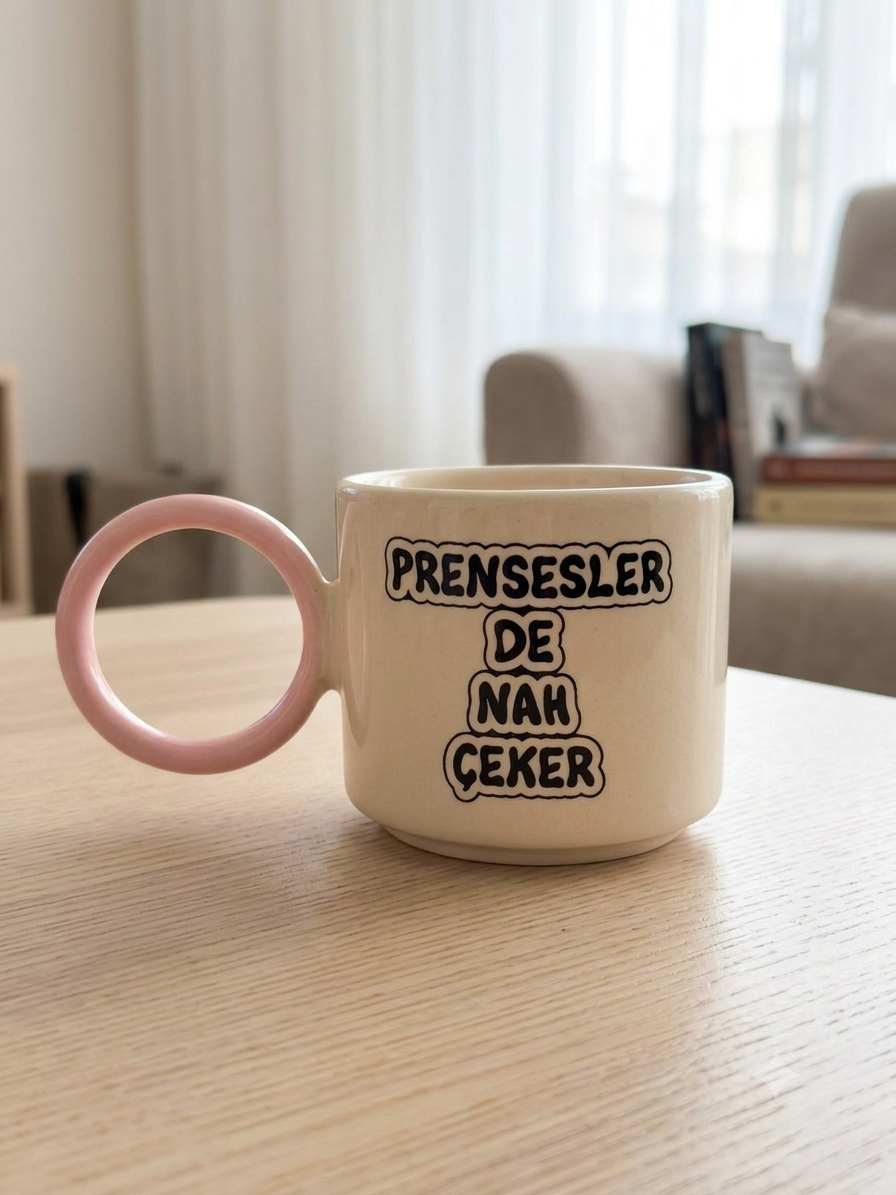 Prensesler De Nah Çeker! El Yapımı Krem Parlak O Kupa (Pembe Kulp) - Hediye Seramik Kupa