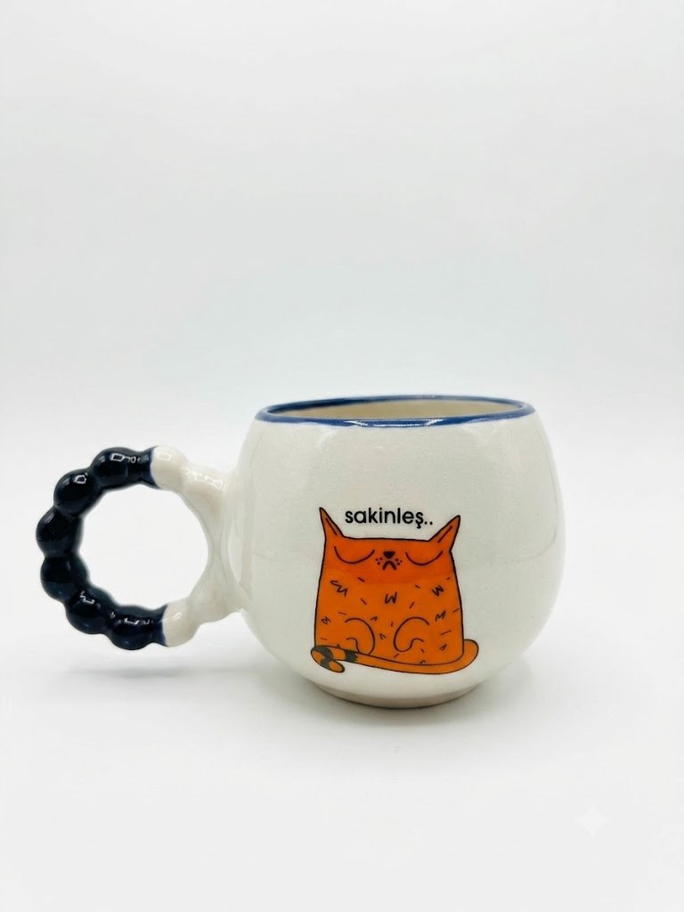 Sakinleş El Yapımı Krem Parlak Puf Kupa - El İşçiliği Hediyelik Kupa Bardak Mug