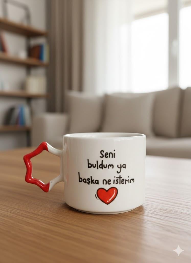 Seni Buldum Ya Başka Ne İsterim Krem Parlak Yıldız Kulp Kupa- Hediye Seramik Kupa