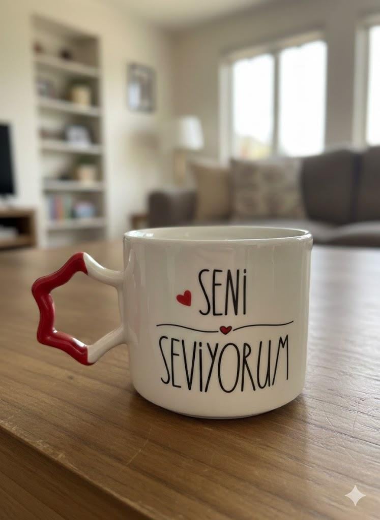 Seni Seviyorum Krem Parlak Yıldız Kulp Kupa- Hediye Seramik Kupa