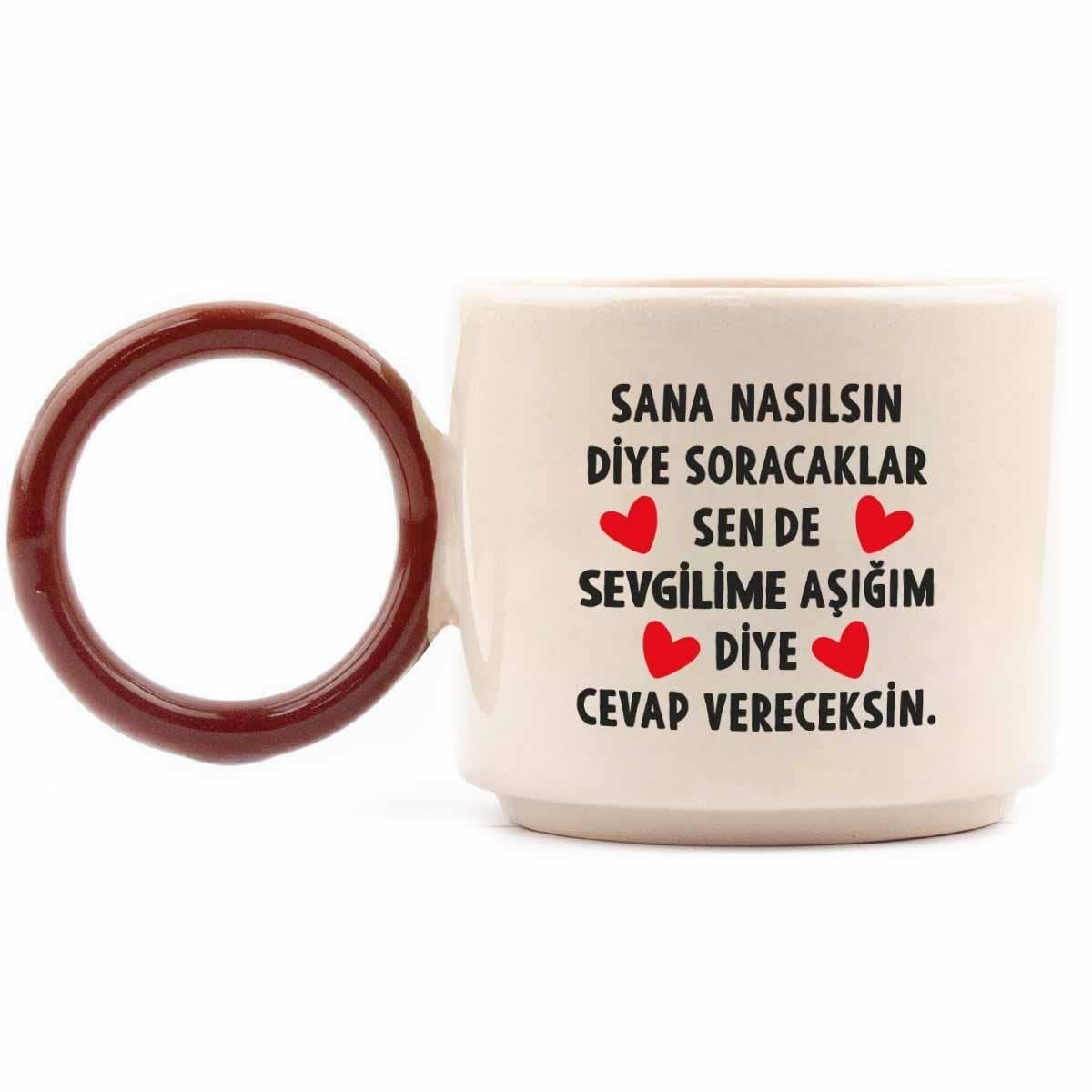 Sevgilime Aşığım Diye Cevap Vereceksin El Yapımı Krem Parlak O Kupa (Kahve Kulp) - Hediye Seramik Kupa