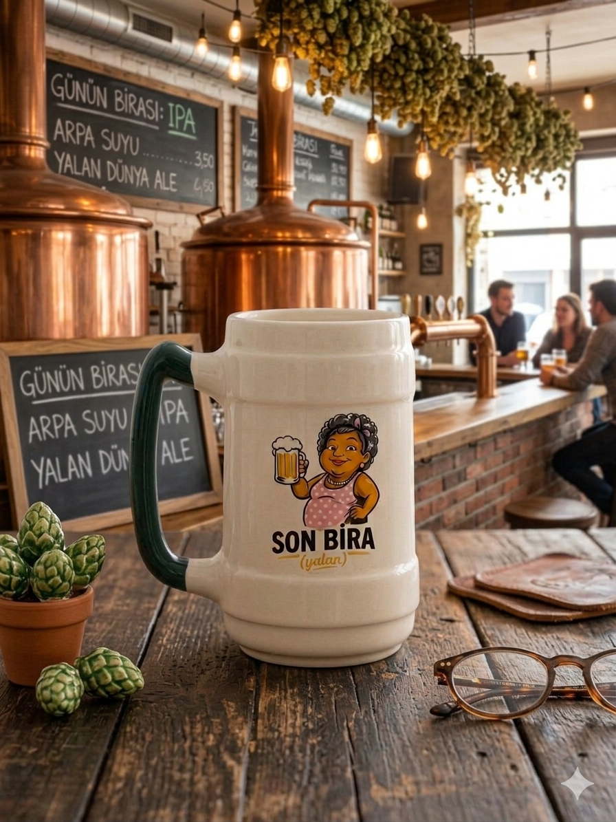 Son Bira (Yalan) 01 El Yapımı Krem Parlak Bira Bardağı (Yeşil Kulp)