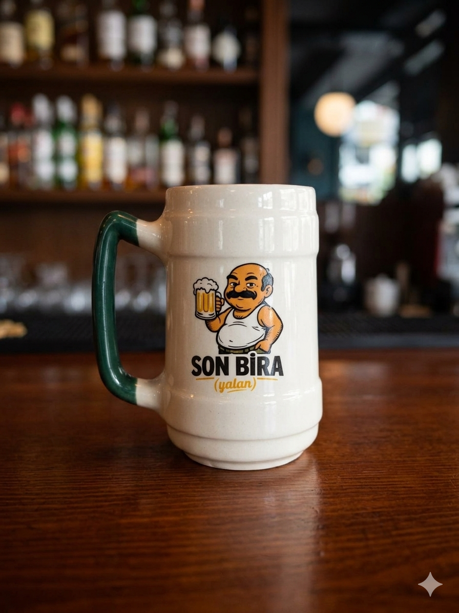 Son Bira (Yalan) 02 El Yapımı Krem Parlak Bira Bardağı (Yeşil Kulp)