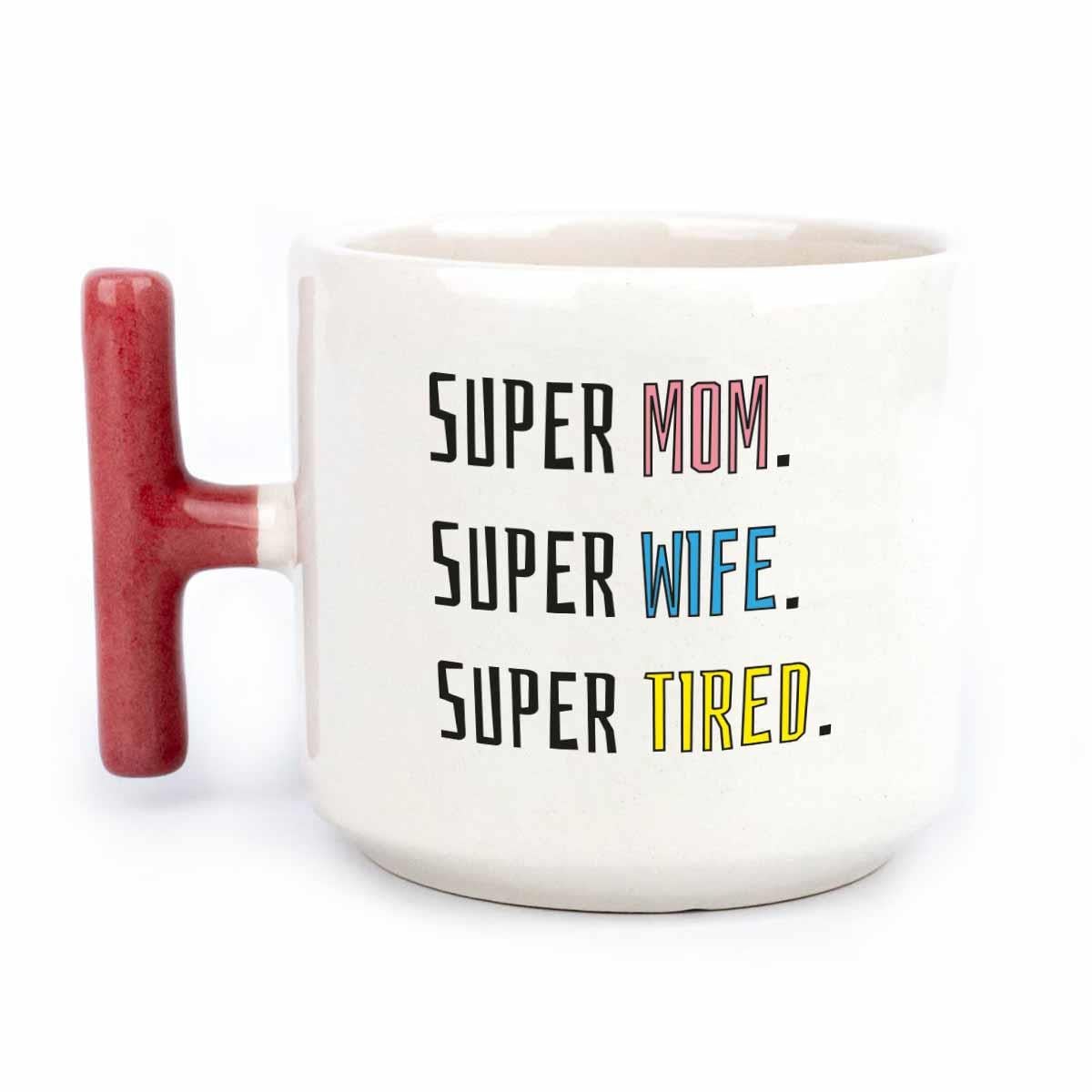 Super Mom El Yapımı Krem Parlak Kupa (Kırmızı Kulp) - Hediye Seramik Kupa