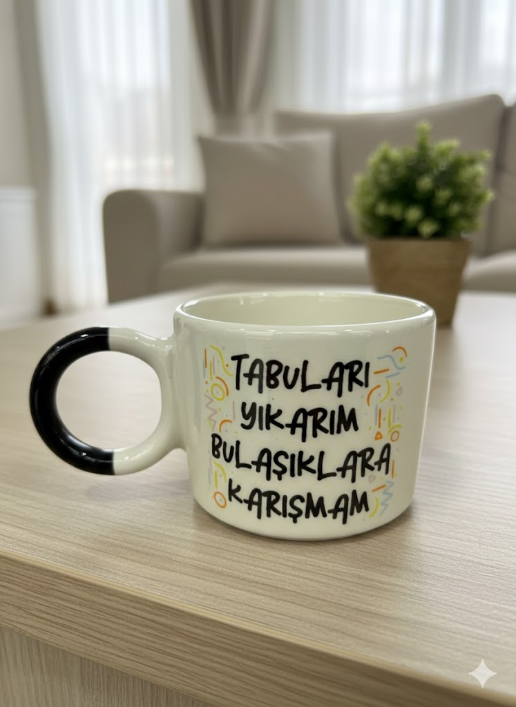 Tabuları Yıkarım Bulaşıklara Karışmam Krem Parlak Düğüm Kulp Fincan  - Hediye Seramik Fincan