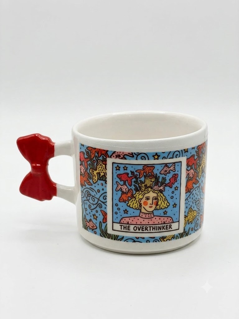 The Overthınker Sarmal Tasarımlı Kurdele El Yapımı Krem Parlak Kurdele Kulp Kupa - El İşçiliği Hediyelik Kupa Bardak Mug