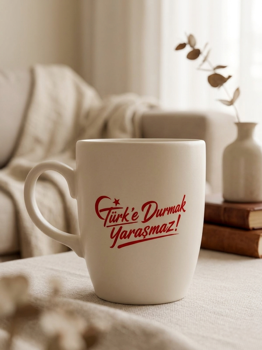 Türk'e Durmak Yaraşmaz! Krem Oval Kupa - Hediyelik Kupa Fincan Mug